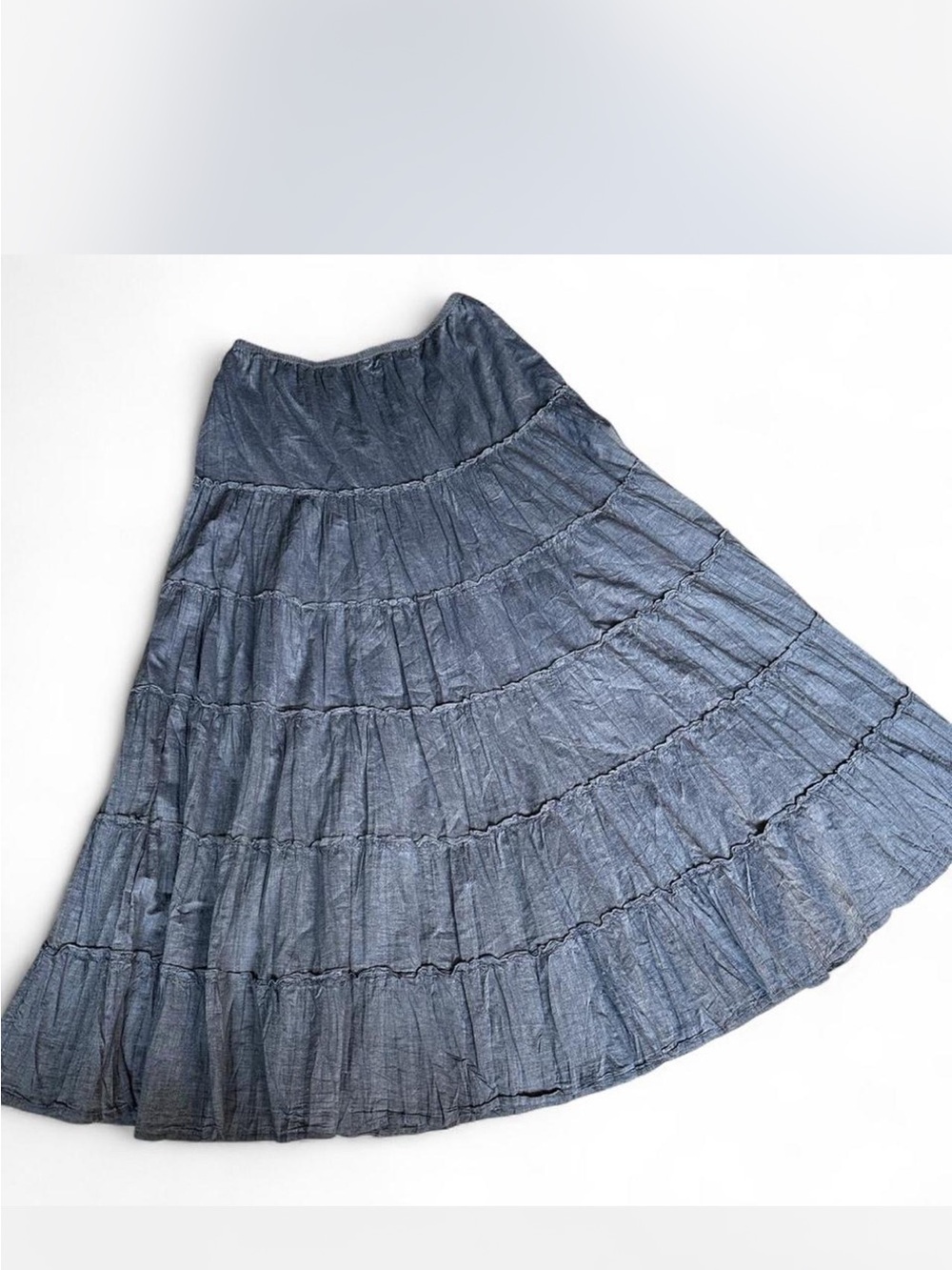 100% Cotton Cottagecore Boho Tiered Ruffles Maxi Skirt in Blue Gray Color